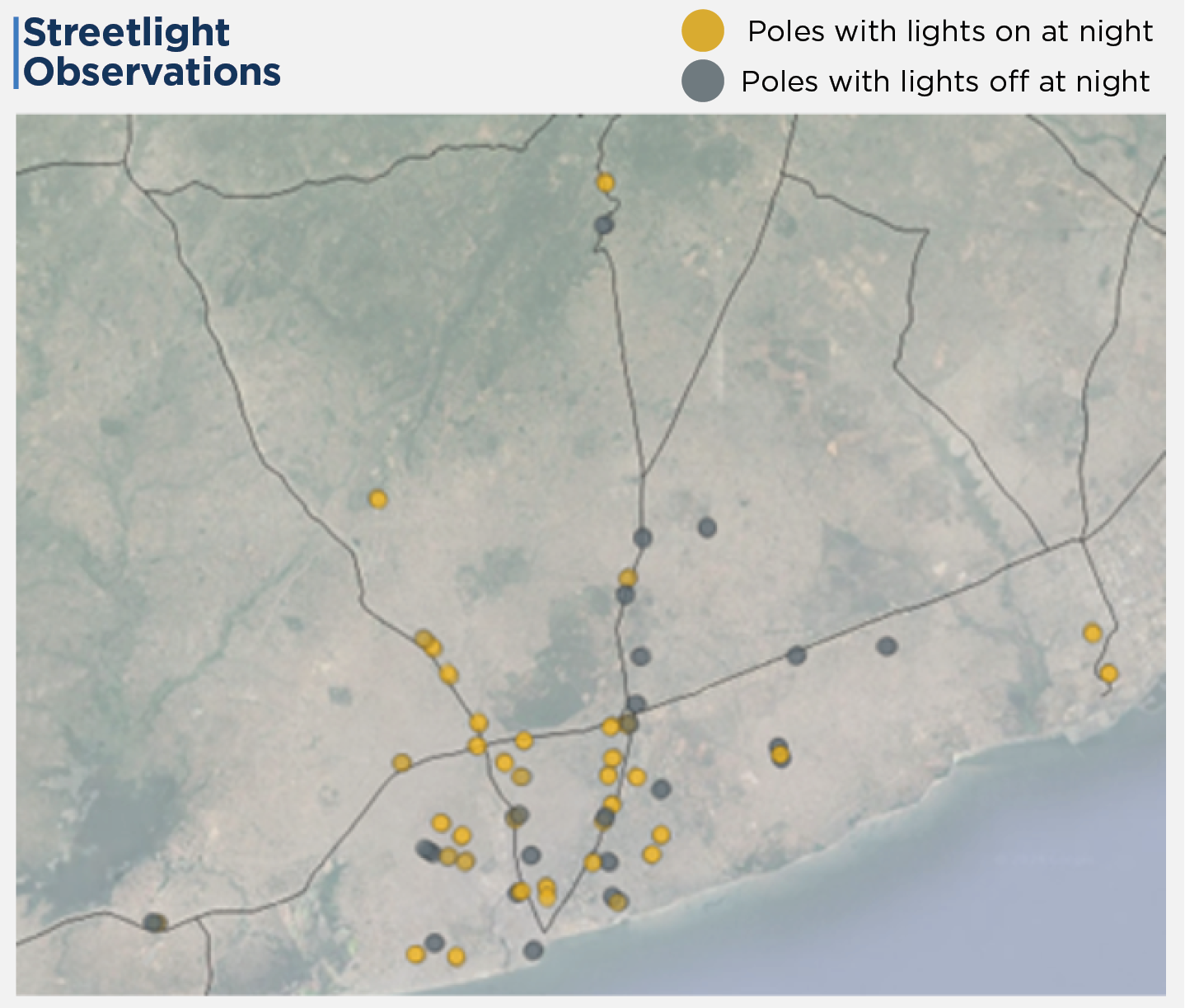 Figure: This is a map showing streetlights at night. Yellow dots represent streetlights that are on, while grey dots represent streetlights that are off. The map indicates that about half the streetlights are on at night while the others are off.