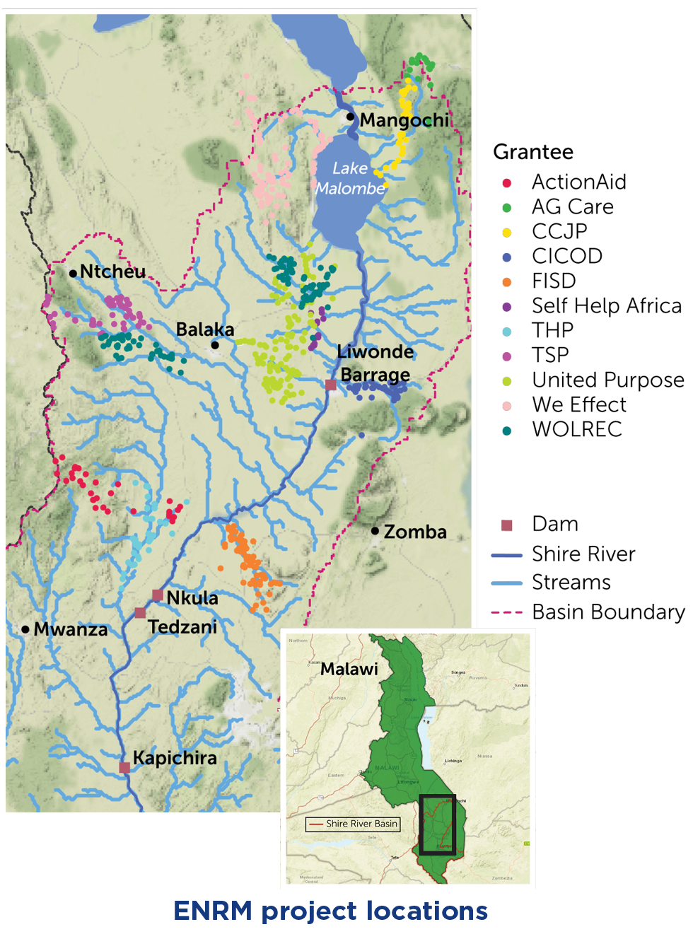 Shire River Basin and location of hydropower plants and ENRM and SGEF grantee activities.