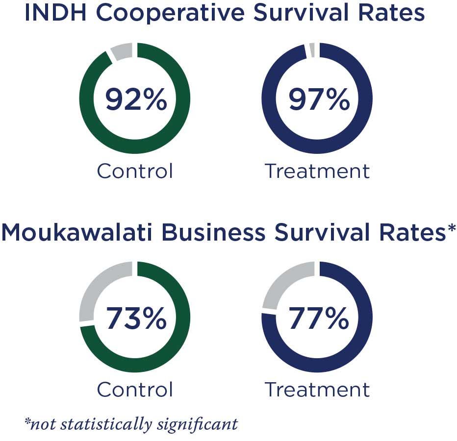 Findings comparing INDH and Moukawalati business survival rates.
