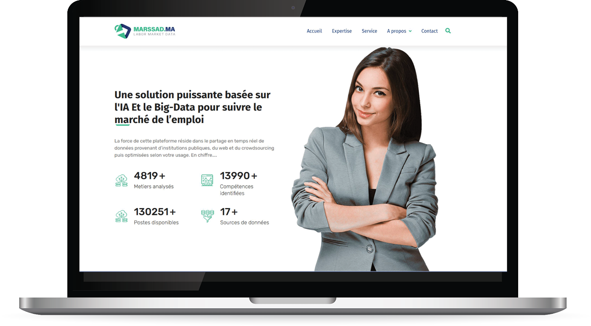 Figure: A screenshot from the marssad.ma homepage with some summary statistics about the platform in French, and a button to click to register.