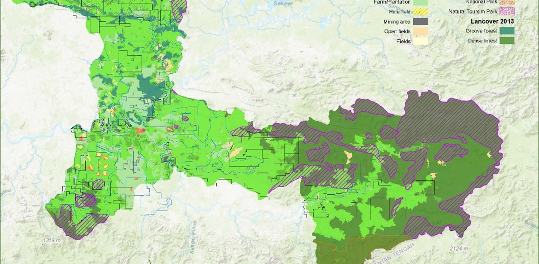 Map of Sintang District with color overlays for a variety of different land uses. Agriculture is predominant in the west, and forest cover is predominant in the east.