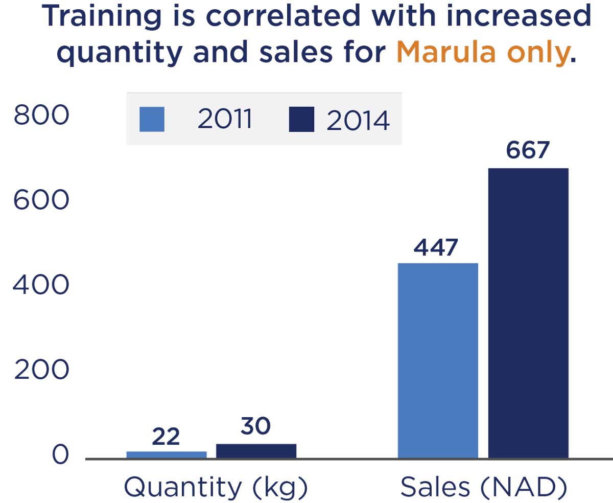 Chart showing training is correlated with increased quantity and sales for Marula only.
