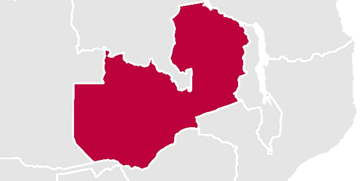 The country of Zambia highlighted in red on a map.