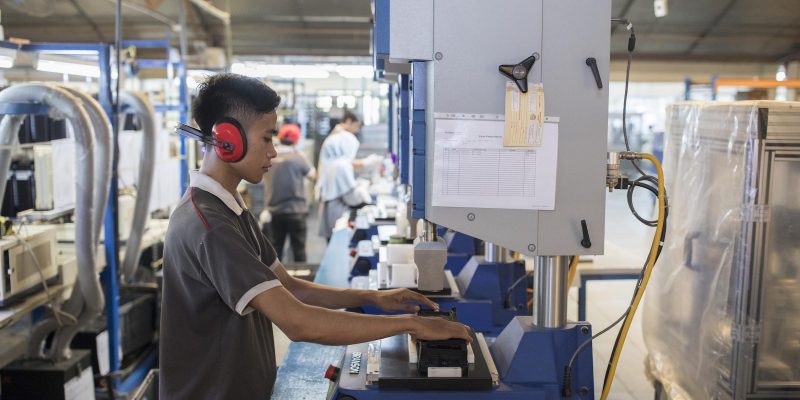 Ricky works on the zinc metal air battery production line at Fluidic Energy in Bogor, Indonesia.