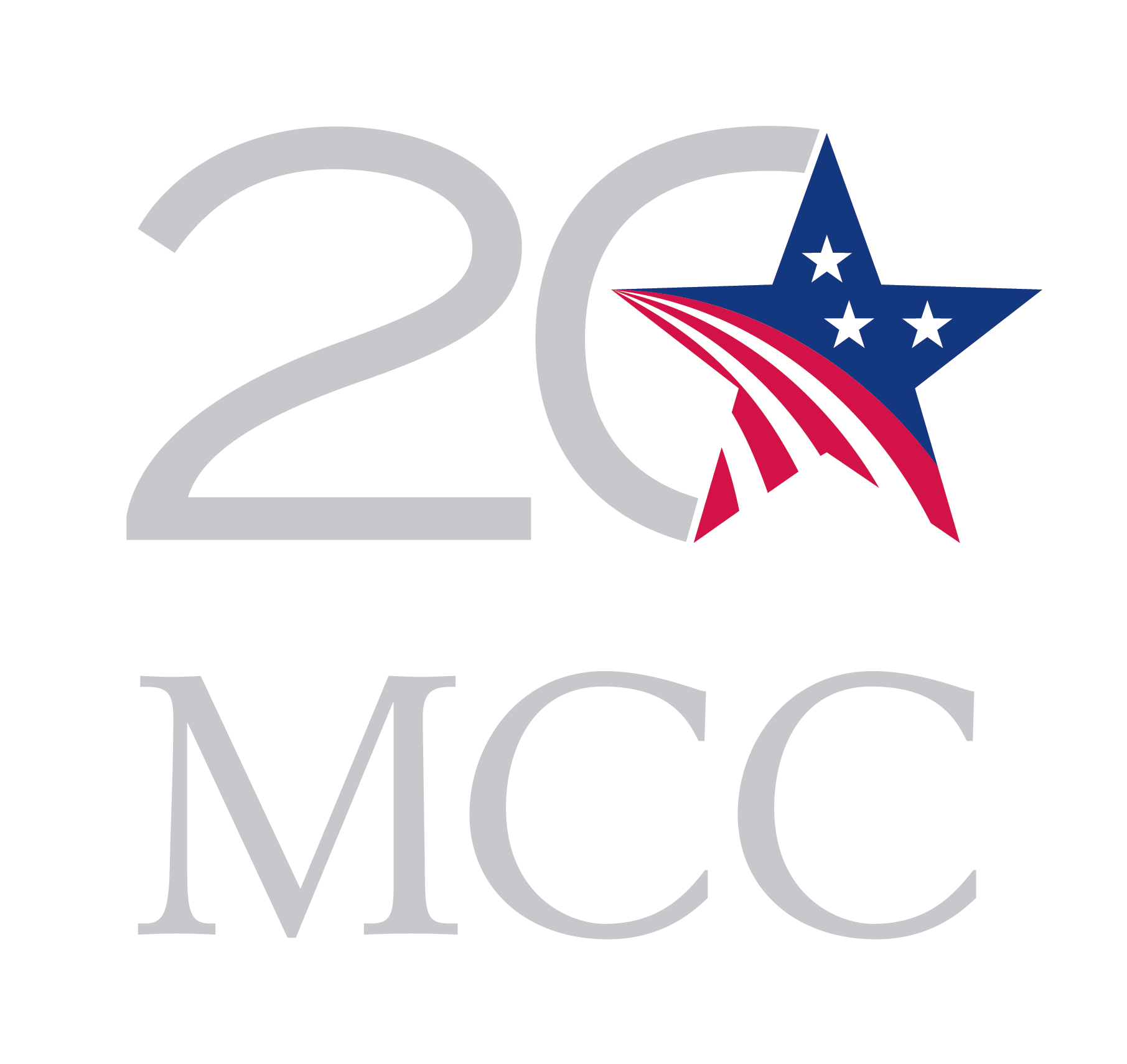 image of the 20th anniversary vertical logo lockup with MCC's initials