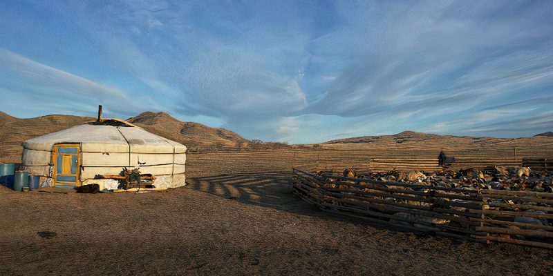A yurt, a circular tent structure, sits near a herd of animals.