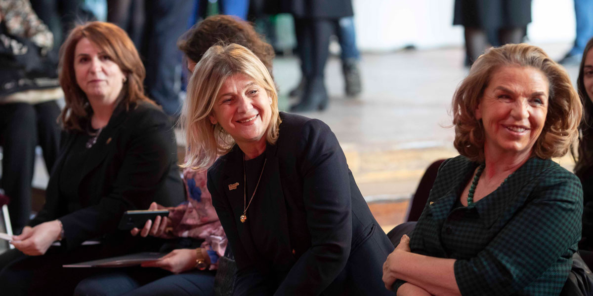 Photo of Arijeta Pajaziti, Pranvera Dobruna and Fllanza Hoxha, three women pioneers of the energy sector in Kosovo, attend the launch of the Women in Energy scholarship program in Pristina on February 20, 2019.