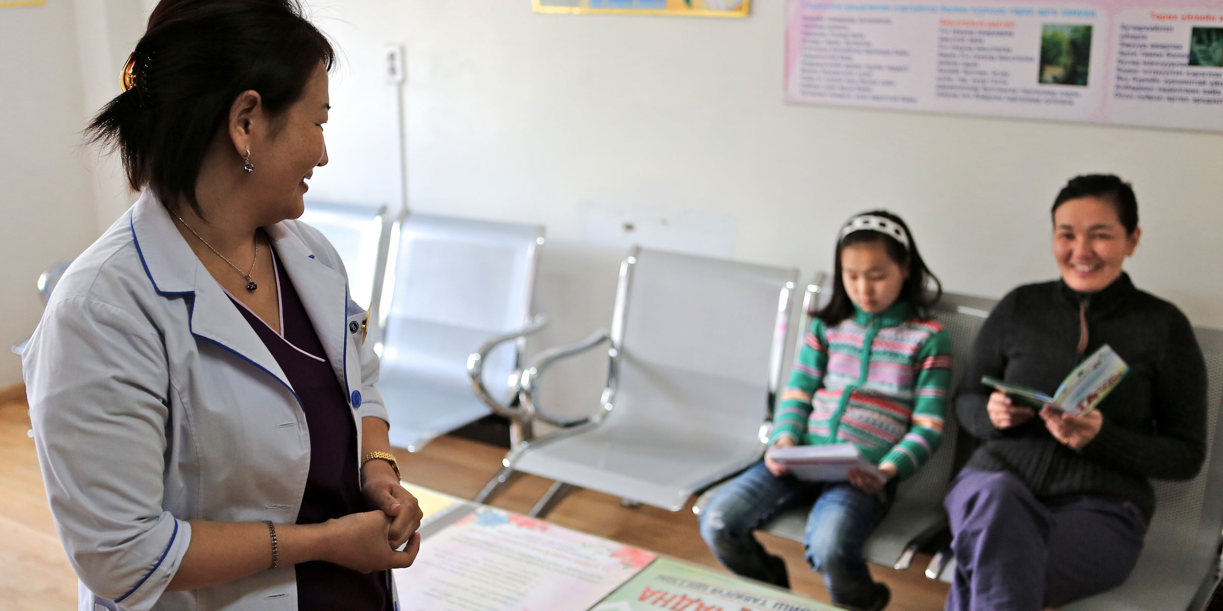 Patients in a waiting room at a clinic in Mongolia.