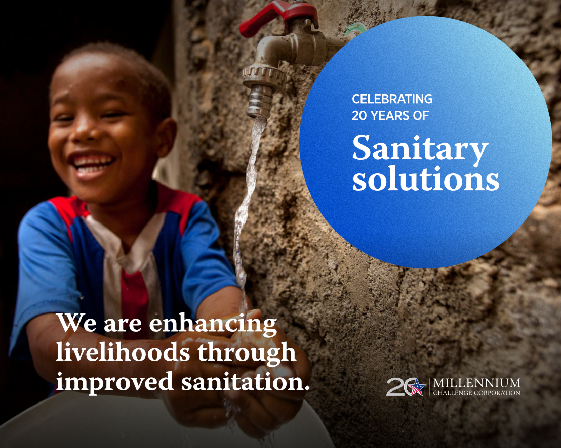 Smiling child washing hands at a sink with overlaid text: Celebrating 20 years of Sanitary Solutions. We are enhancing livelihoods through improved sanitation.