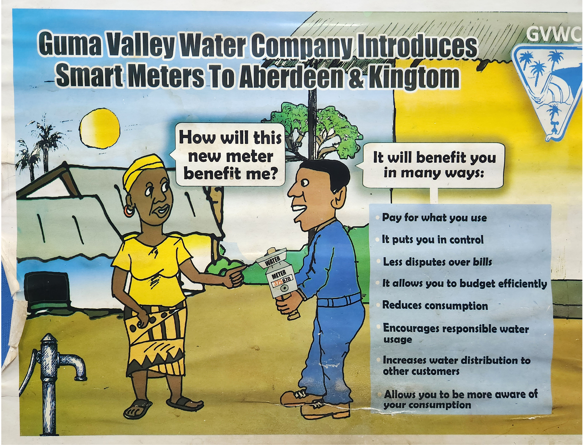 Illustrations were used to communicate benefits of smart meters. This cartoon features two characters, a customer and a member of the utility, discussing a list of benefits.