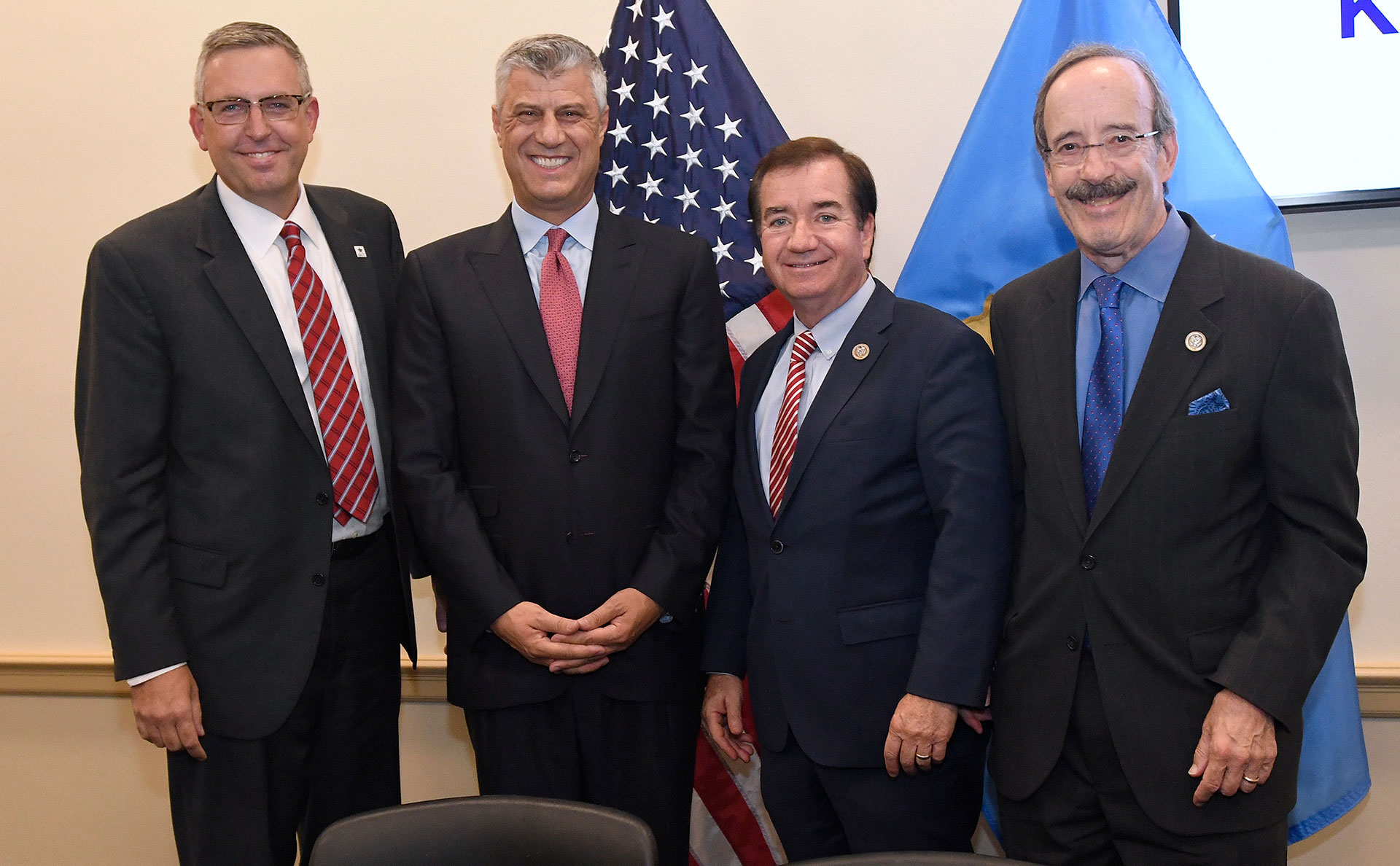 From left, Jonathan Nash, acting CEO of Millennium Challenge Corporation, Kosovo President Hashim Thaci, Rep. Ed Royce of California and Rep. Eliot Engel of New York stand together after Nash and Thaci signed the Kosovo Threshold Program, Tuesday, Sept. 12, 2017 in Washington, D.C.