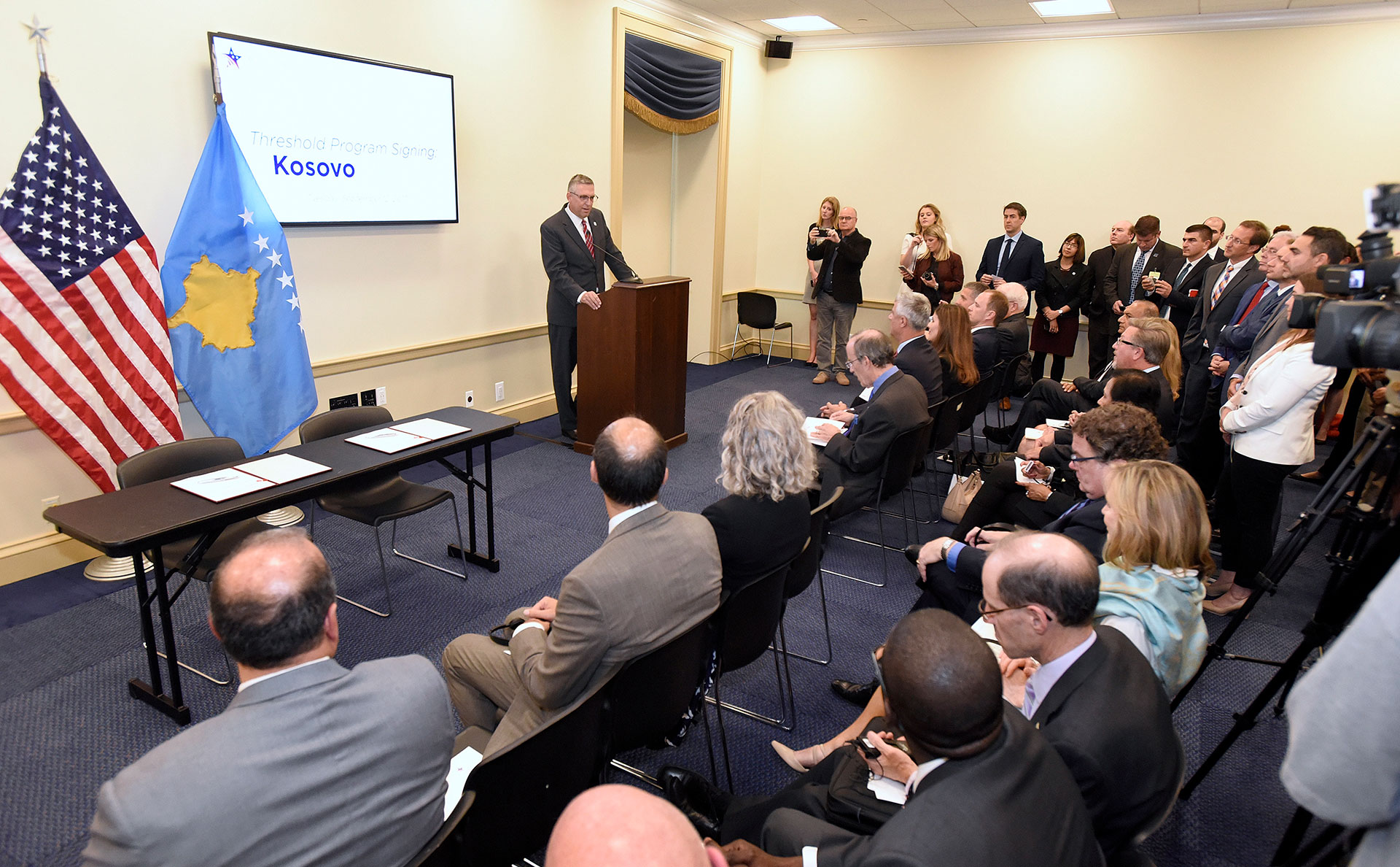Jonathan Nash, acting CEO of Millennium Challenge Corporation, speaks before signing the Kosovo Threshold Program, Tuesday, Sept. 12, 2017 in Washington, D.C.