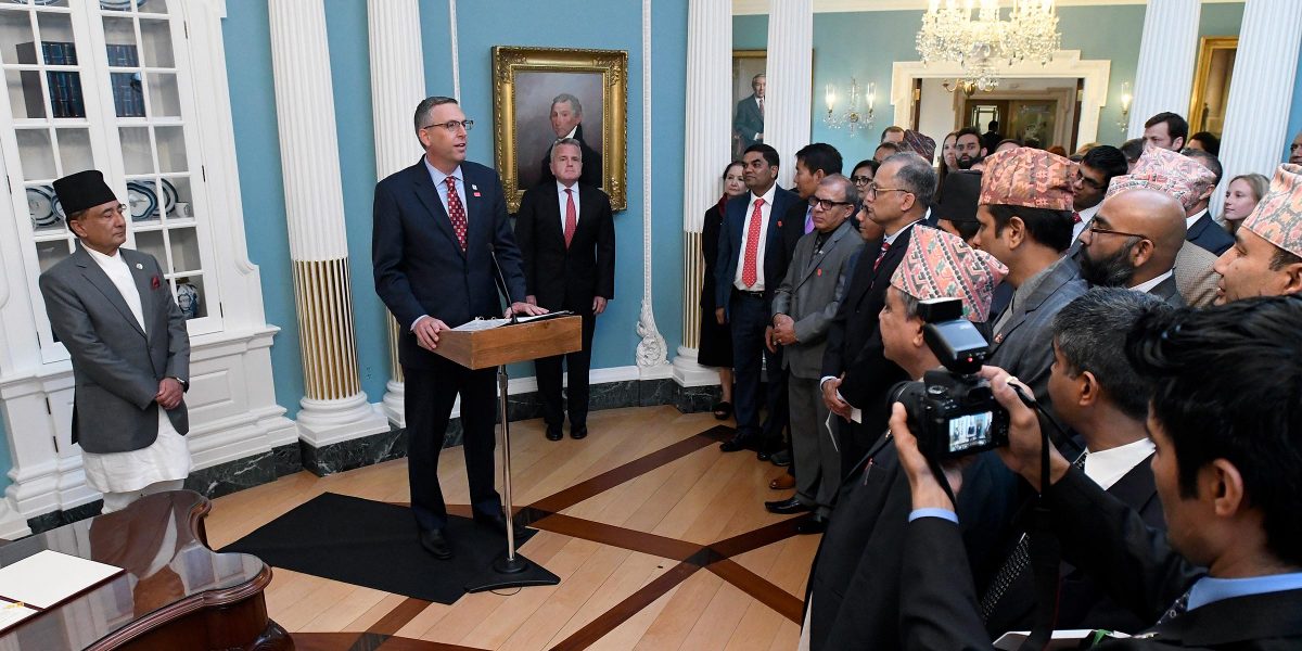 MCC Acting CEO Jonathan Nash, center, delivers remarks at the signing alongside Nepali Finance Minister Gyanendra Bahadur Karki, left, and Deputy Secretary of State John J. Sullivan, right. Photo: Steve Ruark for MCC