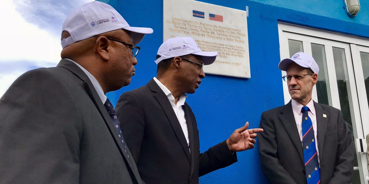 MCC DCO VP Robert Blau at the water network inauguration ceremony with Cabo Verde PM Ulisses Correia e Silva and São Domingos Mayor Clemente Garcia.