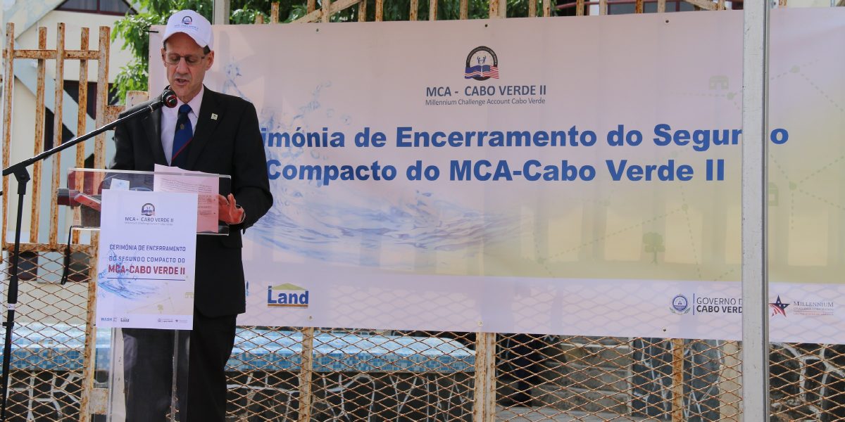 MCC Vice President for Compact Operations Robert Blau highlights MCC’s investments in water and sanitation and land management and the impact they’re having at a compact closeout celebration in São Domingo, Cabo Verde.