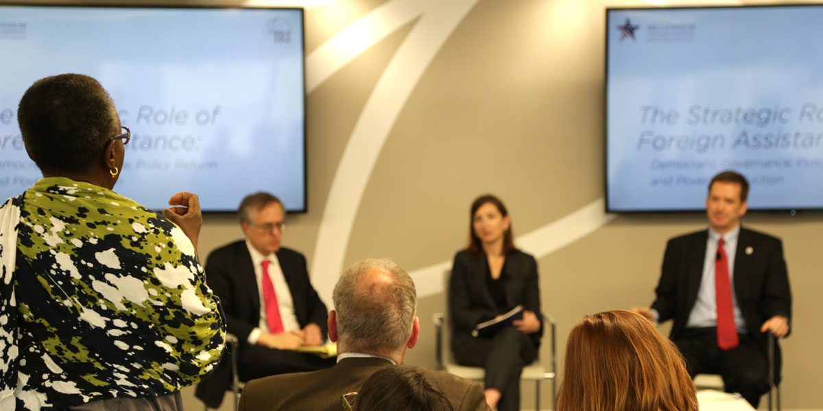 Photo: MCC experts on a panel discussing the strategic role of foreign assistance.